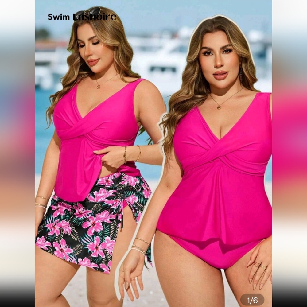 Shein 3pc Tankini Swimsuit Plus Size 2X Hot Pink Tropical
